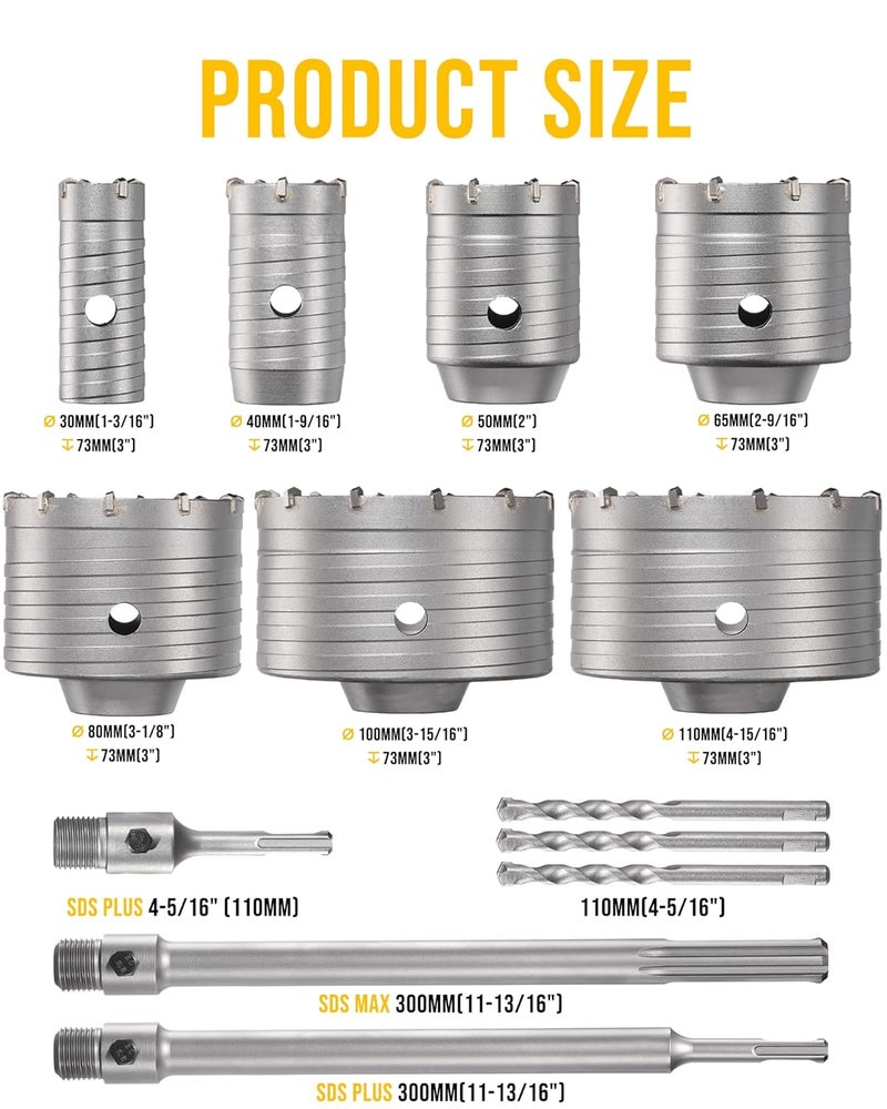 TGFTGF 13PCS Concrete Hole Saw Kit, 30/40/50/65/80/100/110mm Tungsten Carbide Masonry Hole Saw Kit with 300/110mm SDS Plus Bit, 300mm SDS Max Bit Shank Drill Bit Sets for Concrete, Brick,Wall Drilling - Image 2